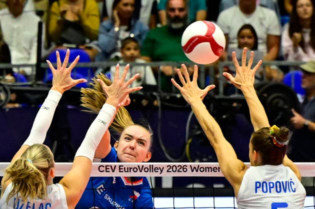 From left Aleksandra Uzelac of Serbia, Czech Monika Brancuskova, Mina Popovic of Serbia in action during the Women s European Volleyball Championships Group B match Czech Republic vs Serbia, in Brno, Czech Republic, on August 23, 2026. (CTKxPhoto VaclavxSalek) CTKPhotoP2026082305660  CTKPhotoP2026082305660