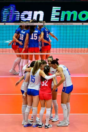 Volleyball players of Serbia in action during the Women s European Volleyball Championships Group B match Czech Republic vs Serbia, in Brno, Czech Republic, on August 23, 2026. (CTKxPhoto VaclavxSalek) CTKPhotoP2026082305670  CTKPhotoP2026082305670