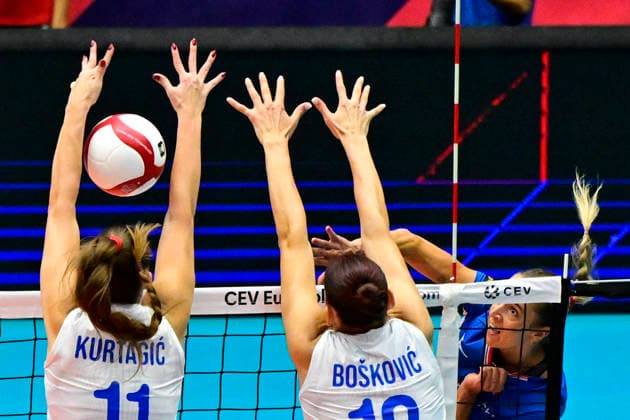 From left Hena Kurtagic, Tijana Boskovic, both of Serbia and Helena Grozerova of Czech Republic in action during the Women s European Volleyball Championships Group B match Czech Republic vs Serbia, in Brno, Czech Republic, on August 23, 2026. (CTKxPhoto VaclavxSalek) CTKPhotoP2026082305678  CTKPhotoP2026082305678