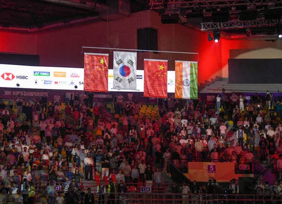 2026 BWF World Championships New Delhi, Aug 23 (ANI): Attendees stand during the felicitation ceremony at the BWF World Championships at Indira Gandhi Indoor Stadium, in New Delhi on Sunday. NEW DELHI Delhi India Copyright: xANIx ANI_20260823251