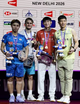 2026 BWF World Championships: Medallists of Men s Singles New Delhi, Aug 23 (ANI): (L-R) Japan s Kodai Naraoka (Silver), France s Alex Lanier (Gold), Canada s Victor Lai (Bronze), and Taiwan s Chou Tien-Chen (Bronze) from the men s singles category pose for a photo with their medals at the BWF World Championships at Indira Gandhi Indoor Stadium, in New Delhi on Sunday. NEW DELHI Delhi India Copyright: xANIx ANI_20260823322