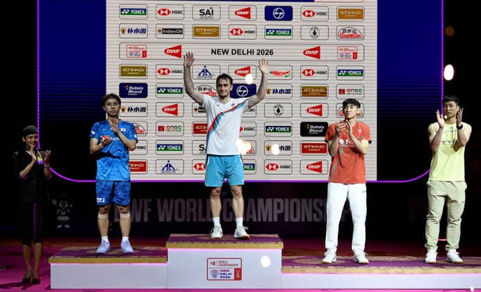 2026 BWF World Championships: Medallists of Men s Singles New Delhi, Aug 23 (ANI): (L-R) Japan s Kodai Naraoka (Silver), France s Alex Lanier (Gold), Canada s Victor Lai (Bronze), and Taiwan s Chou Tien-Chen (Bronze) from the men s singles category stand on the podium at the BWF World Championships at Indira Gandhi Indoor Stadium, in New Delhi on Sunday. NEW DELHI Delhi India Copyright: xANIx ANI_20260823324