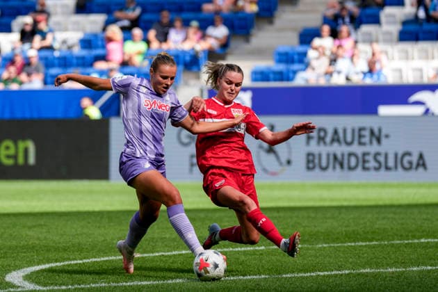 v.li.: Martine Trollsas Fenger (TSG, 15), Greta Stegemann (VfB, 5), Zweikampf, Spielszene, Duell, duel, tackle, tackling, Dynamik, Action, Aktion, 23.08.2026, Sinsheim (Deutschland), Fussball, Google Pixel Frauen-Bundesliga, TSG 1899 Hoffenheim - VfB Stuttgart, DFB DFL REGULATIONS PROHIBIT ANY USE OF PHOTOGRAPHS AS IMAGE SEQUENCES AND OR QUASI-VIDEO. *** v li Martine Trollsas Fenger TSG, 15, Greta Stegemann VfB, 5, tackle, game scene, duel, tackle, tackling, dynamics, action, 08 23 2026, Sinsheim, Germany, soccer, Google Pixel Women s Bundesliga, TSG 1899 Hoffenheim vs. VfB Stuttgart, DFB DFL REGULATIONS PROHIBIT ANY USE OF PHOTOGRAPHS AS IMAGE SEQUENCES AND OR QUASI-VIDEO xozx