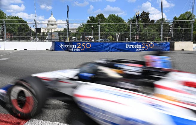 Rahal Letterman Lanigan Racing driver Graham Rahal (15) takes a curve in the Freedom 250 Grand Prix IndyCar, Indy Car, IRL, USA Series race on the National Mall in Washington, DC on Sunday, August 23, 2026.  WAP20260823865 DAVIDxTULIS