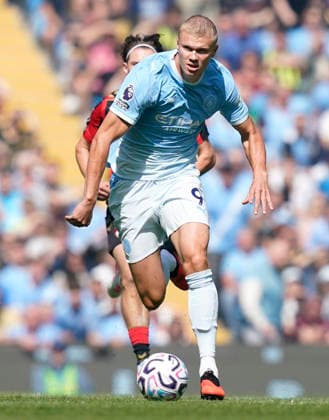 Manchester, England, 23rd August 2026. Erling Haaland of Manchester City during the Manchester City vs AFC Bournemouth Premier League match at the Etihad Stadium, Manchester. Picture credit should read: Andrew Yates Sportimage EDITORIAL USE ONLY. No use with unauthorised audio, video, data, fixture lists, club league logos or live services. Online in-match use limited to 120 images, no video emulation. No use in betting, games or single club league player publications. SPI_139_AY_Man_City_Bournemouth SPI-4930-0137