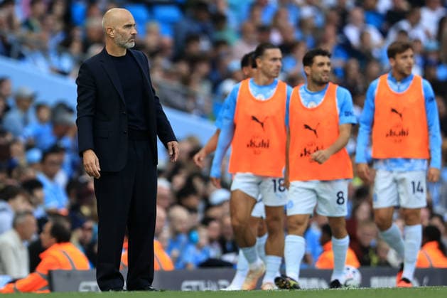 23rd August 2026; Etihad Stadium, Manchester, Lancashire, England; Premier League Football, Manchester City versus AFC Bournemouth; Manchester City manager Enzo Maresca and substitutes Jack Grealish, Mateo Kovacic and Nico Gonzales follow the action from the touchline DavidxBlunsden