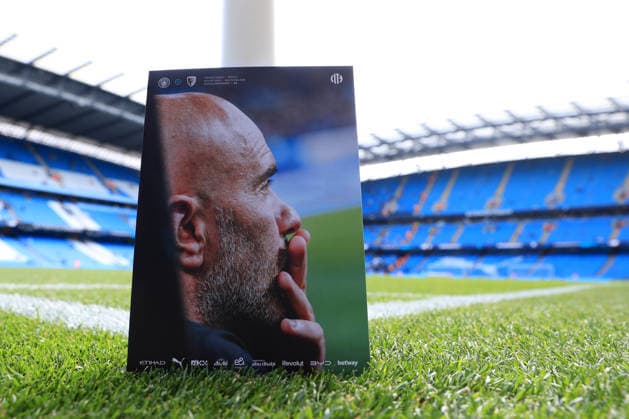 23rd August 2026; Etihad Stadium, Manchester, Lancashire, England; Premier League Football, Manchester City versus AFC Bournemouth; today& x2019;s match programme feature former Manchester City manager Pep Guardiola DavidxBlunsden