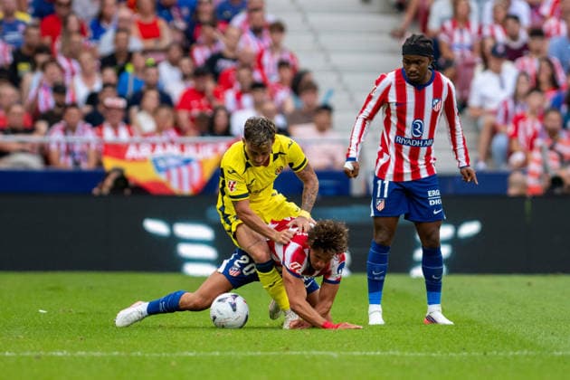 23rd August 2026; Riyadh Air Metropolitano Stadium, Madrid, Spain, La Liga Football, Atletico Madrid versus Villareal; A. Moleiro (10) of Villareal and Giuliano (20) of Atletico de Madrid on a duel AdelinaxCobos