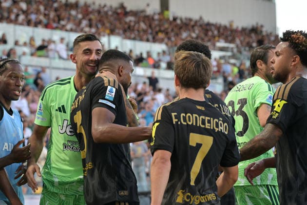 23rd August 2026; Stadio Benito Stirpe, Frosinone, Italy; Serie A Football; Frosinone versus Juventus; Bremer of Juventus celebrates after scoring goal in the 27th minute for 0-1 AllShotLive