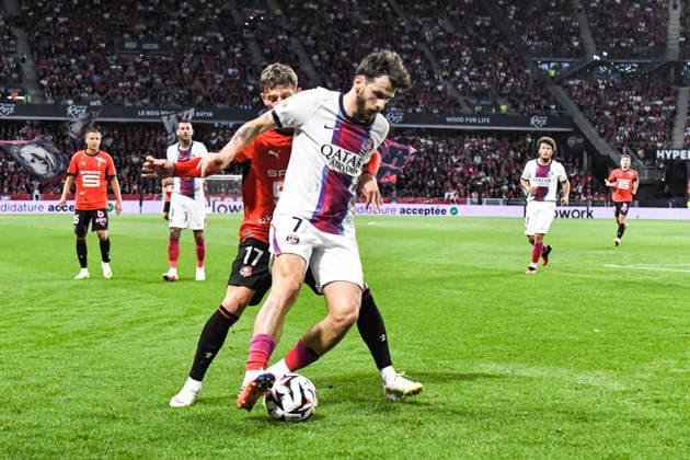 FOOTBALL : Stade Rennais vs Paris SG - Ligue 1 - JournÃ e 1 - 23 08 2026 Khvicha Kvaratskhelia (Paris SG) Sebastian Szymanski (Stade Rennais) RennesFrance  Copyright: xBaptistexAutissierx