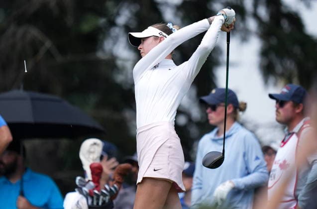 August 23, 2026, Edmonton, Ab, CANADA: Nelly Korda, of the U.S., hits her tee shot on the third hole during the final round at the LPGA, Golf Damen CPKC Canadian Women s Open golf tournament, in Edmonton, on Sunday, Aug. 23, 2026. Canada News - August 23, 2026  - ZUMAc35_ 20260823_zaf_c35_011 Copyright: xDarrylxDyckx