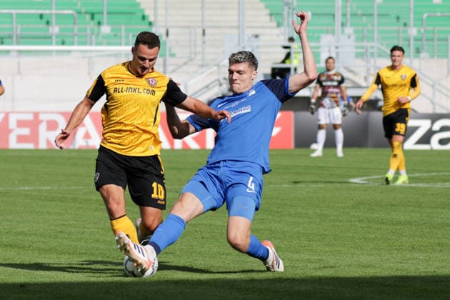 23.08.2026, xgrfx, Fussball DFB Pokal 1.Runde, SV Westfalia Rhynern - Dynamo Dresden v.l. Jakob Lemmer (Dynamo Dresden), Finn Schubert (SV Westfalia Rhynern) (DFL DFB REGULATIONS PROHIBIT ANY USE OF PHOTOGRAPHS as IMAGE SEQUENCES and or QUASI-VIDEO) Münster *** August 23, 2026, xgrfx, Soccer DFB Cup 1st Round, SV Westfalia Rhynern vs. Dynamo Dresden, Jakob Lemmer (Dynamo Dresden), Finn Schubert (SV Westfalia Rhynern). DFL and DFB regulations prohibit any use of photographs as image sequences and or quasi-video. Münster