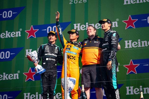 August 23, 2026, Zandvoort, Netherlands: Andrea Kimi Antonelli (ITA) (Mercedes-AMG Petronas F1 Team), Lando Norris (GBR) (McLaren Mastercard F1 Team) and George Russell (GBR) (Mercedes-AMG Petronas F1 Team) on the podium after the race of the Formula 1 Heineken Dutch Grand Prix 2026 at the Circuit Zandvoort. F1 2026: Dutch Grand Prix In Zandvoort, Netherlands - 23 Aug 2026  - ZUMAs197 20260823_aaa_s197_198 Copyright: xLucaxMartinix