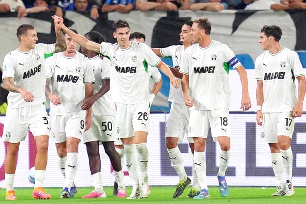 Sassulo s Cas Odenthal celebrates after scoring 1-1 during the Serie A soccer match between Atalanta and Sassuolo the New Balance Arena in Bergamo, north Italy - Sunday , August 23 , 2026. - Soccer  Copyright: xSpada LaPressex