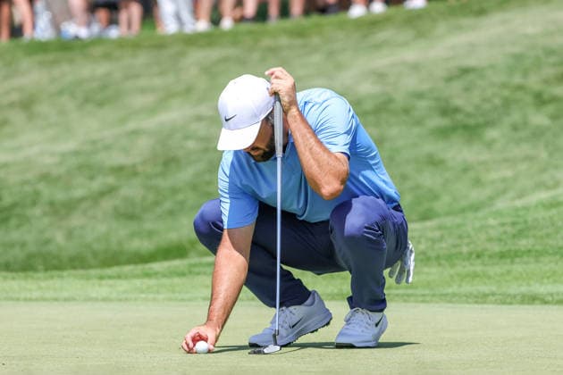 AUG 23, 2026: Scottie Scheffler of the United States lines up a putt on the 5th hole during the final round of the BMW Championship at Bellerive Country Club in St. Louis, Missouri. CSM PGA, Golf Herren 2026: BMW Championship Aug 23  - ZUMAc04_ 20260823_zma_c04_076 Copyright: xRomanxPunox