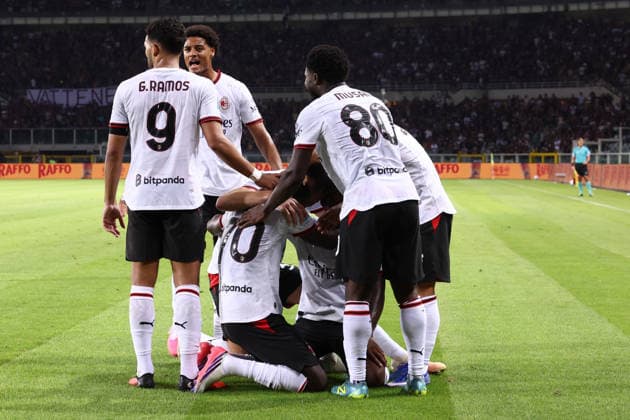 Torino FC v AC Milan - Serie A 2026 27 Alphadjo Cisse of Ac Milan celebrates after scoring his team s first goal with team mates during the Serie A match between Torino FC and AC Milan at Stadio Olimpico Grande Torino on August 23, 2026 in Turin, Italy. Turin Olimpico Italy Copyright: xMarcoxCanonierox