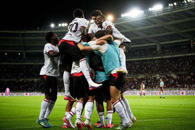 Milan™s Adrien Rabiot celebrates after scoring the 2-0 goal for his team during the Serie A soccer match between Torino and Milan at the Stadio Olimpico Grande Torino in Turin, north west Italy - Sunday, August 23, 2026. - Soccer .  Copyright: xMarcoxAlpozzi LaPressex