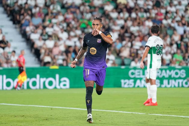 August 23, 2026, Elche, Elche, Spain: Raphinha Dias Belloli of FC Barcelona, Barca celebrates after scoring his team s first goal during the Spanish League, LaLiga EA Sports, football match played between Elche CF and FC Barcelona at Estadio Manuel Martinez Valero on August 23, 2026, in Elche, Spain. Elche Spain - ZUMAa181 20260823_zaa_a181_165 Copyright: xDennisxAgyemanx