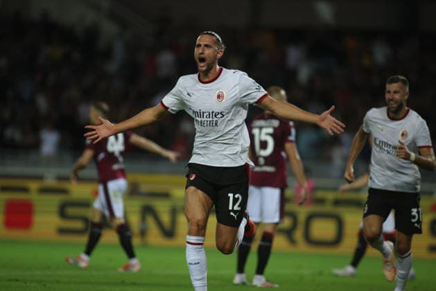 IPA87741637 - Adrien Rabiot of AC Milan celebrating after scoring a goal during the 2026 27 Coppa Italia soccer match between Torino FC and Carrarese Calcio 1908 on August 23, 2026, at the Stadio Olimpico Grande Torino in Turin, Italy. Photo by Nderim KACELI  Copyright: xNderimxKaceli IPAxSportx xx 87741637