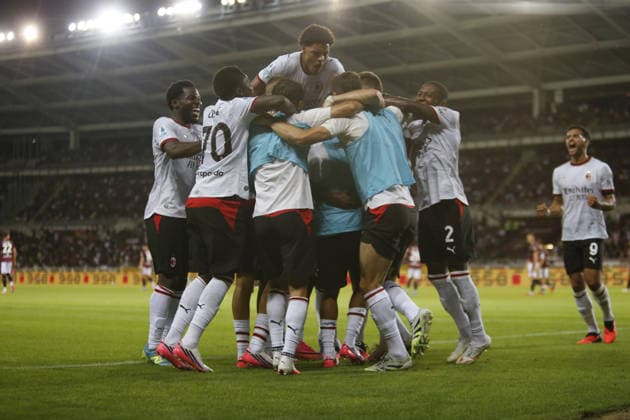 IPA87741642 - Adrien Rabiot of AC Milan celebrating with his teammates after a goal during the 2026–27 Coppa Italia soccer match between Torino FC and Carrarese Calcio 1908 on August 23, 2026, at Stadio Olimpico Grande Torino, Turin, Italy. Photo by Nderim KACELI  Copyright: xNderimxKaceli IPAxSportx xx 87741642