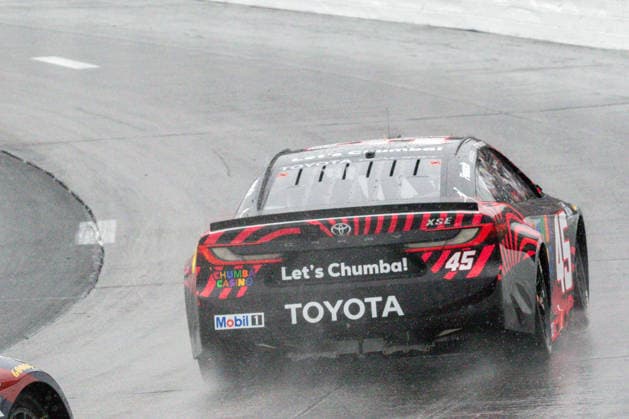 LOUDON, NH - AUGUST 23: Pole sitter, Tyler Reddick ( 45 23XI Racing Chumba Casino Toyota) kicks up some spray on the parade laps prior to the start of the NASCAR, Motorsport, USA Cup Series Dollar Tree 301 on August 23, 2026, at New Hampshire Motor Speedway in Loudon, NH. (Photo by David Hahn Icon Sportswire) AUTO: AUG 23 NASCAR Cup Series Dollar Tree 301 EDITORIAL USE ONLY Icon260823003