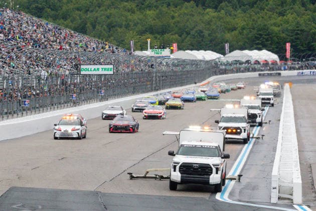 LOUDON, NH - AUGUST 23: The pace car leads the field for some extra parade laps, as track doing continues prior to the start of the NASCAR, Motorsport, USA Cup Series Dollar Tree 301 on August 23, 2026, at New Hampshire Motor Speedway in Loudon, NH. (Photo by David Hahn Icon Sportswire) AUTO: AUG 23 NASCAR Cup Series Dollar Tree 301 EDITORIAL USE ONLY Icon260823005