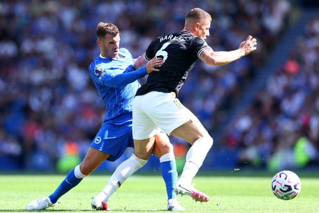 Brighton and Hove, England, 23rd August 2026. Pascal Gross of Brighton & Hove Albion and Ross Barkley of Aston Villa challenge for the ball during the Brighton and Hove Albion vs Aston Villa Premier League match at the AMEX Stadium, Brighton and Hove. Picture credit should read: Paul Terry Sportimage EDITORIAL USE ONLY. No use with unauthorised audio, video, data, fixture lists, club league logos or live services. Online in-match use limited to 120 images, no video emulation. No use in betting, games or single club league player publications. SPI_089_PT_Brighton_Villa SPI-4931-0092