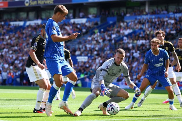 Brighton and Hove, England, 23rd August 2026. Marco Bizot of Aston Villa gathers the ball ahead of Luka Vuskovic of Brighton & Hove Albion during the Brighton and Hove Albion vs Aston Villa Premier League match at the AMEX Stadium, Brighton and Hove. Picture credit should read: Paul Terry Sportimage EDITORIAL USE ONLY. No use with unauthorised audio, video, data, fixture lists, club league logos or live services. Online in-match use limited to 120 images, no video emulation. No use in betting, games or single club league player publications. SPI_123_PT_Brighton_Villa SPI-4931-0126
