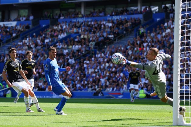Brighton and Hove, England, 23rd August 2026. Marco Bizot of Aston Villa makes a save as Pascal Gross of Brighton & Hove Albion looks on during the Brighton and Hove Albion vs Aston Villa Premier League match at the AMEX Stadium, Brighton and Hove. Picture credit should read: Paul Terry Sportimage EDITORIAL USE ONLY. No use with unauthorised audio, video, data, fixture lists, club league logos or live services. Online in-match use limited to 120 images, no video emulation. No use in betting, games or single club league player publications. SPI_126_PT_Brighton_Villa SPI-4931-0129
