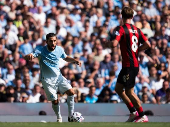 Rayan Cherki of Manchester City stands up Alex Scott of Bournemouth Manchester City v Bournemouth, Premier League, Football, Etihad Stadium, Manchester, UK - 23 Aug 2026Manchester Etihad Stadium United Kingdom EDITORIAL USE ONLY No use with unauthorised audio, video, data, fixture lists, club league logos or live services. Online in-match use limited to 120 images, no video emulation. No use in betting, games or single club league player publications.  Copyright: xWiredxPhotos Shutterstockx 17113667en