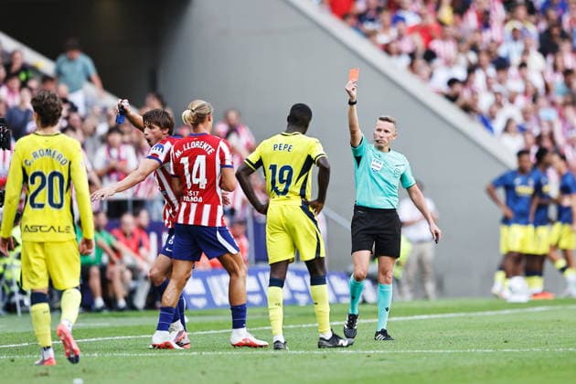Alejandro Hernandez Hernandez (Referee), AUGUST 23, 2026 - Football Soccer : Alejandro Hernandez Hernandez shows red card a Le Normand during Spanish LaLiga EA Sports match between Club Atletico de Madrid - Villarreal CF at the Estadio Riyahd Air Metropolitano in Madrid, Spain. Noxthirdxpartyxsales  aflo_342498083 MutsuxKawamorix