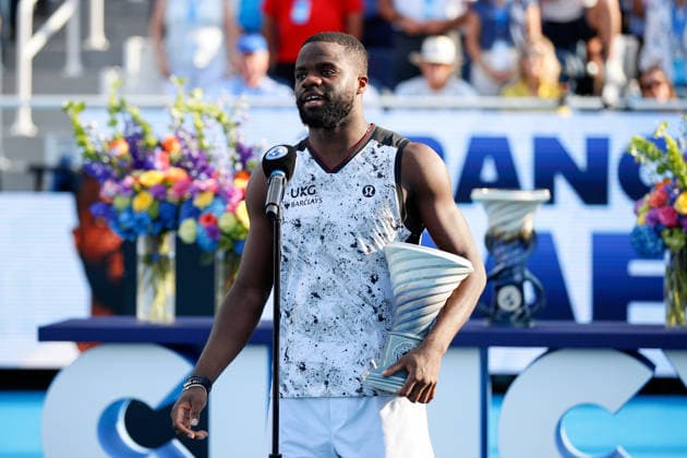 CINCINNATI, OH - AUGUST 23: Frances Tiafoe of the United States talks to the fans after finishing second in the final round of the Cincinnati Open at the Lindner Family Tennis Center on August 23, 2026 in Mason, Ohio. (Photo by Ian Johnson Icon Sportswire) TENNIS: AUG 23 Cincinnati Open EDITORIAL USE ONLY Icon260823003