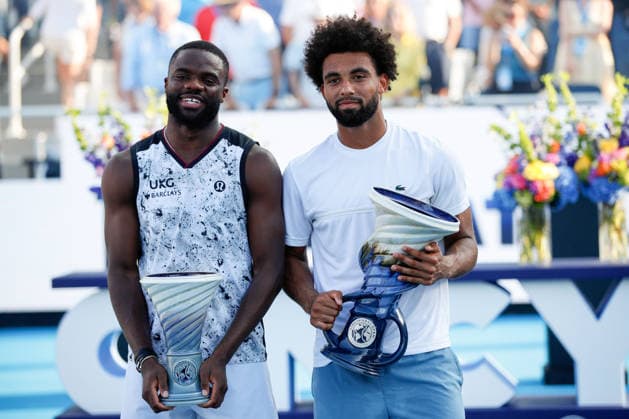 CINCINNATI, OH - AUGUST 23: Frances Tiafoe of the United States and Arthur Fils of France pose after the final round of the Cincinnati Open at the Lindner Family Tennis Center on August 23, 2026 in Mason, Ohio. (Photo by Ian Johnson Icon Sportswire) TENNIS: AUG 23 Cincinnati Open EDITORIAL USE ONLY Icon260823006