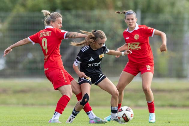 Regionalliga Nordost Frauen: 1. FFV Erfurt vs. 1. FC Union Berlin II; Erfurt; 23.08.2026 Angelina Lübcke ( 9; 1. FFV Erfurt) gegen Defne Bashev ( 5; 1. FC Union Berlin II) Regionalliga Nordost Frauen: 1. FFV Erfurt vs. 1. FC Union Berlin II; Sportforum Johannesplatz Erfurt; 23.08.2026 *** Northeast Regional League Women s 1: FFV Erfurt vs. 1 FC Union Berlin II, Erfurt, August 23, 2026; Angelina Lübcke 9, 1 FFV Erfurt vs. Defne Bashev 5, 1 FC Union Berlin II; Northeast Regional League Women s 1: FFV Erfurt vs. 1 FC Union Berlin II Sportforum Johannesplatz, Erfurt, August 23, 2026 Copyright: xBEAUTIFULxSPORTS Duehringx