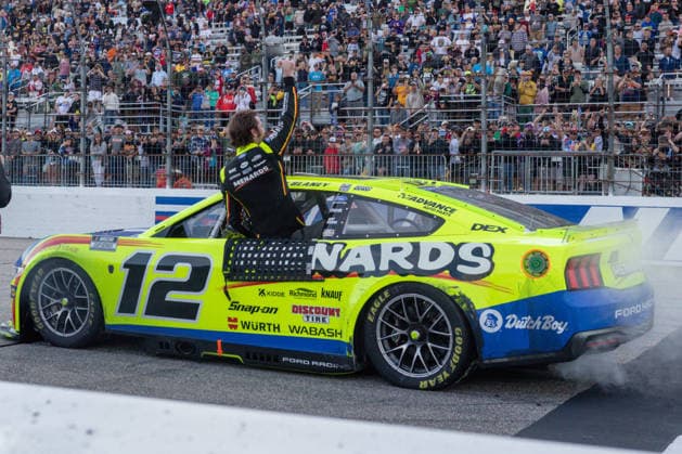 LOUDON, NH - AUGUST 23: Ryan Blaney ( 12 Team Penske Menards Dutch Boy Ford) celebrates winning the NASCAR, Motorsport, USA Cup Series Dollar Tree 301 on August 23, 2026, at New Hampshire Motor Speedway in Loudon, NH. (Photo by David Hahn Icon Sportswire) AUTO: AUG 23 NASCAR Cup Series Dollar Tree 301 EDITORIAL USE ONLY Icon260823020