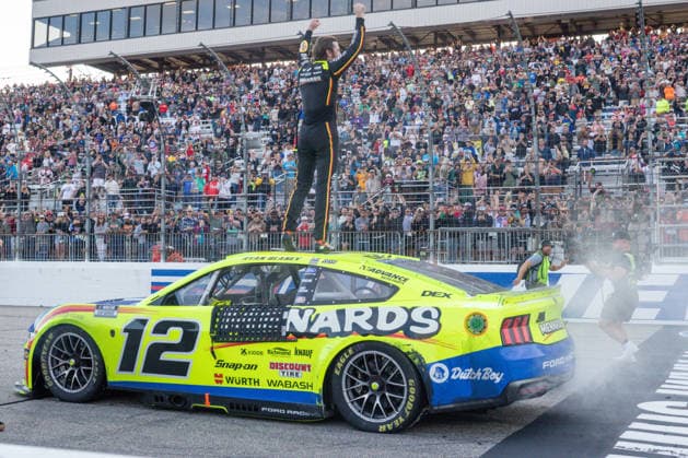 LOUDON, NH - AUGUST 23: Ryan Blaney ( 12 Team Penske Menards Dutch Boy Ford) celebrates winning the NASCAR, Motorsport, USA Cup Series Dollar Tree 301 on August 23, 2026, at New Hampshire Motor Speedway in Loudon, NH. (Photo by David Hahn Icon Sportswire) AUTO: AUG 23 NASCAR Cup Series Dollar Tree 301 EDITORIAL USE ONLY Icon260823021