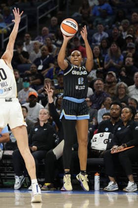 CHICAGO, USA - August 23: Sydney Taylor (12 Chicago Sky) shoots a 3-pointer during the WNBA, Basketball Damen, USA game between the Chicago Sky and Indiana Fever at Wintrust Arena on Saturday, August 8 in Chicago, USA  Copyright: xShainaxBenhiyoun SPPx Sportspressphoto_SPR214393