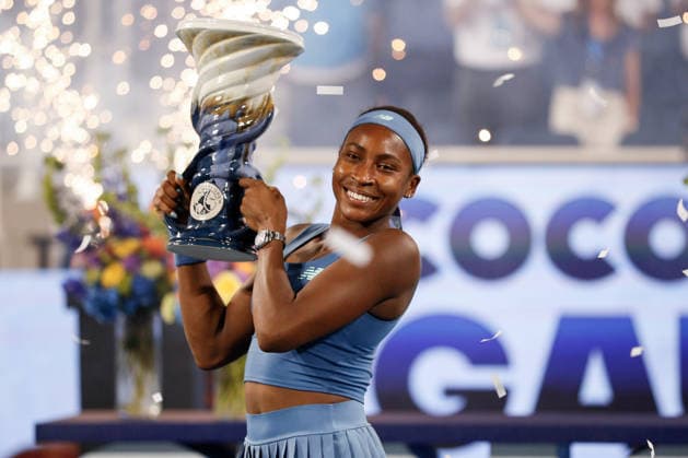 CINCINNATI, OH - AUGUST 23: Coco Gauff of the United States poses with the Rookwood Cup after winning the final round of the Cincinnati Open at the Lindner Family Tennis Center on August 23, 2026 in Mason, Ohio. (Photo by Ian Johnson Icon Sportswire) TENNIS: AUG 23 Cincinnati Open EDITORIAL USE ONLY Icon260823037