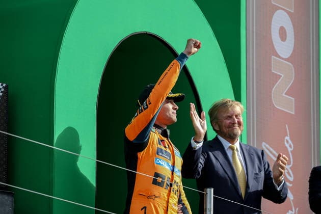 1 Lando Norris (GBR) of McLaren Mastercard F1 Team and Willem-Alexander, King of the Netherlands,Willem-Alexander, King of the Netherlands celebrating on the podium after the Race of the FORMULA 1 HEINEREN DUTCH GRAND PRIX 2026 at the Circuit Park Zandvoort in Zandvoort, Netherlands on Sunday August 23, 2026 (Photo by SPP ATP, Tennis Herren Bildagentur Jean Pierre Thill)  Copyright: xSPPx xATPxBildagenturx xJeanxPierrexThillx Sportspressphoto_SPR214968