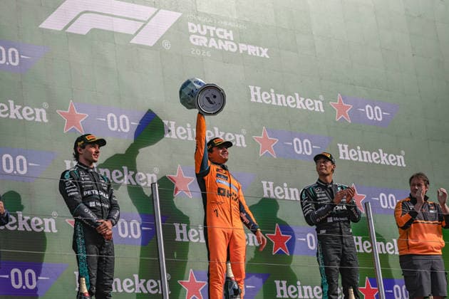 12 Andrea Kimi Antonelli (ITA) and 63 George Russell (GBR) of Mercedes-AMG PETRONAS Formula One Team and 1 Lando Norris (GBR) of McLaren Mastercard F1 Team celebrating on the podium after the Race of the FORMULA 1 HEINEREN DUTCH GRAND PRIX 2026 at the Circuit Park Zandvoort in Zandvoort, Netherlands on Sunday August 23, 2026 (Photo by SPP ATP, Tennis Herren Bildagentur Jean Pierre Thill)  Copyright: xSPPx xATPxBildagenturx xJeanxPierrexThillx Sportspressphoto_SPR214976