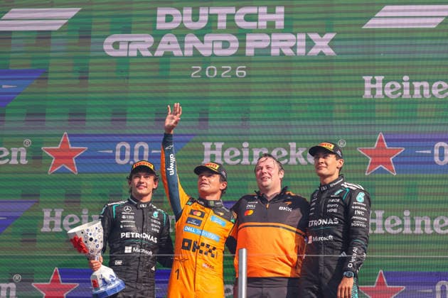 (260824) -- ZANDVOORT, Aug. 24, 2026 -- McLaren s British driver Lando Norris (2nd L), Mercedes Italian driver Kimi Antonelli (1st L) and Mercedes British driver George Russell (1st R) pose for photos during the awarding ceremony after the Formula 1 Dutch Grand Prix Race at Zandvoort Circuit, near Amsterdam, the Netherlands, Aug. 23, 2026. (Photo by Xinhua) (SP)NETHERLANDS-ZANDVOORT-F1-DUTCH GRAND PRIX QianxJun 