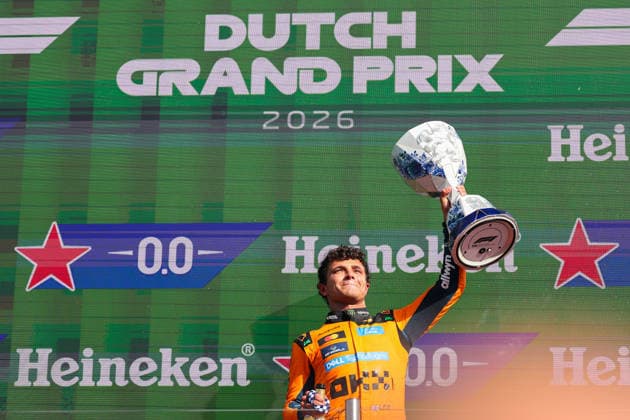 (260824) -- ZANDVOORT, Aug. 24, 2026 -- McLaren s British driver Lando Norris celebrates with the trophy during the awarding ceremony after the Formula 1 Dutch Grand Prix Race at Zandvoort Circuit, near Amsterdam, the Netherlands, Aug. 23, 2026. (Photo by Xinhua) (SP)NETHERLANDS-ZANDVOORT-F1-DUTCH GRAND PRIX QianxJun 