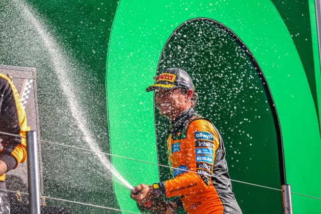 1 Lando Norris (GBR) of McLaren Mastercard F1 Team spraying champagne on the podium after the Race of the FORMULA 1 HEINEREN DUTCH GRAND PRIX 2026 at the Circuit Park Zandvoort in Zandvoort, Netherlands on Sunday August 23, 2026 (Photo by SPP ATP, Tennis Herren Bildagentur Jean Pierre Thill)  Copyright: xSPPx xATPxBildagenturx xJeanxPierrexThillx Sportspressphoto_SPR214988