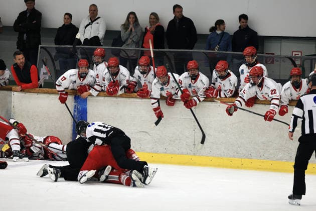 Spieler auf der Bank der U20 Kölner Junghaie beobachten eine Ausseinandersetzung von jeweils einem Spieler beider Teams, beim Versuch von zwei Schiedrichtern diese zu Unterbinden, Junior Cup 2026 in der Eishalle des Eissport- und Tennistentrums am Timmendorfer Strand, Ostholestein, Turnier der Jungadler Mannheim zur Saisonvorbereitung 2026- 27, St. Andrew s College- Kölner Junghaie 2:3 *** Players on the bench of the U20 Cologne Junghaie watch a scuffle involving one player from each team as two referees attempt to break it up, Junior Cup 2026 at the ice rink of the Eissport und Tennistentrum in Timmendorfer Strand, Ostholestein; a tournament organized by the Mannheim Jungadler as part of their preseason preparations for the 2026–27 season; St. Andrew’s College vs. Kölner Junghaie 2–3