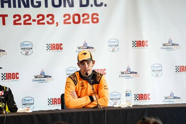 Freedom 250 Grand Prix in DC Christian Lundgaard ( 7) with Arrow McLaren speaks at a press conference, PK, Pressekonferenz following his second place finish in the Freedom 250 Grand Prix in Washington, DC, USA, on Sunday, August 23, 2026. The 250 mile race consisted of 147 laps of the 1.7 mile, 7 turn course and will be the first ever NTT IndyCar, Indy Car, IRL, USA Series race held in the nation’s capital. Credit: Andrew Thomas CNP Washington District of Columbia United States of America EDITORIAL USE ONLY Copyright: xx _AT28741 AndrewxThomasx-xCNPx cnpphotos339632