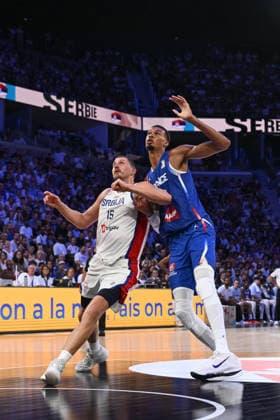 Victor Wembanyama and Nikola Jokic during the 2027 World Cup warm-up match between France and Serbia at the CO™MET Arena in OrlÃ ans on 23 August 2026. - 23 08 2026 - France France OrlÃ ans -  JulienxMattiax xLexPictorium LePictorium_0339393