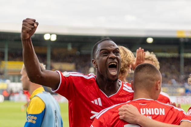Deutschland: Fussball DFB-Pokal, 1. Runde 2026 2027, Eintracht Braunschweig - 1. FC Union Berlin am 23.08.2026 in Braunschweig (Eintracht-Stadion): Tor zum 2:3 Marin Ljubicic (1. FC Union Berlin, 27) Jubel, Freude, Torjubel, Emotionen Ilyas Ansah (1. FC Union Berlin, 10) Copyright: xSvenxHeidmannx