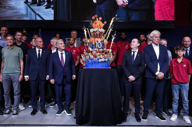 August 24, 2026, Barcelona, Barcelona, Spain: Joan Laporta, President of FC Barcelona, Barca with cake celebratory during presentation of the Centenary events of the FC Barcelona Basketball section at Auditori 1899 on August 24, 2026 in Barcelona, Spain. Barcelona Spain - ZUMAa181 20260824_zaa_a181_005 Copyright: xJavierxBorregox