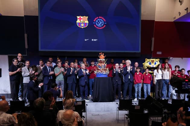 August 24, 2026, Barcelona, Barcelona, Spain: Attendees pose with the celebratory cake during presentation of the Centenary events of the FC Barcelona, Barca Basketball section at Auditori 1899 on August 24, 2026 in Barcelona, Spain. Presentation Of The Centenary Events Of The FC Barcelona Basketball Section  - ZUMAa181 20260824_zaa_a181_041 Copyright: xJavierxBorregox