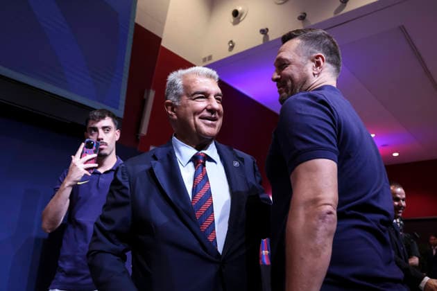 August 24, 2026, Barcelona, Barcelona, Spain: Joan Laporta, President of FC Barcelona, Barca saludates to Aleksander Sekulic, during presentation of the Centenary events of the FC Barcelona Basketball section at Auditori 1899 on August 24, 2026 in Barcelona, Spain. Barcelona Spain - ZUMAa181 20260824_zaa_a181_045 Copyright: xJavierxBorregox
